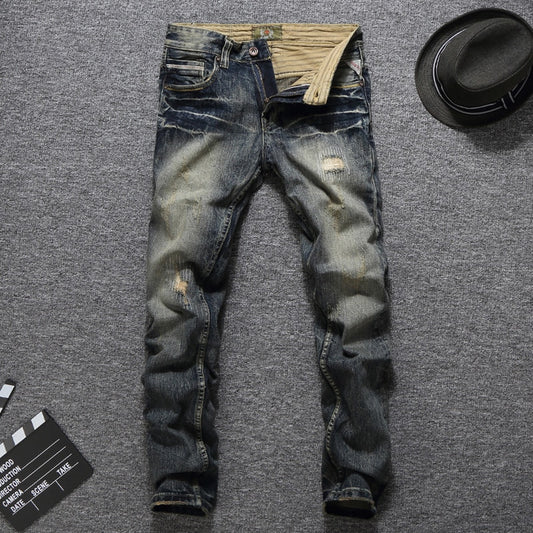 Men Jeans Vintage Retro Style Slim Fit Ripped Jeans Homme Balplein Brand Jeans Men Cotton Denim Biker